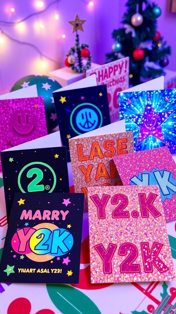 A variety of Y2K themed Christmas cards with colorful designs and decorations on a festive table.